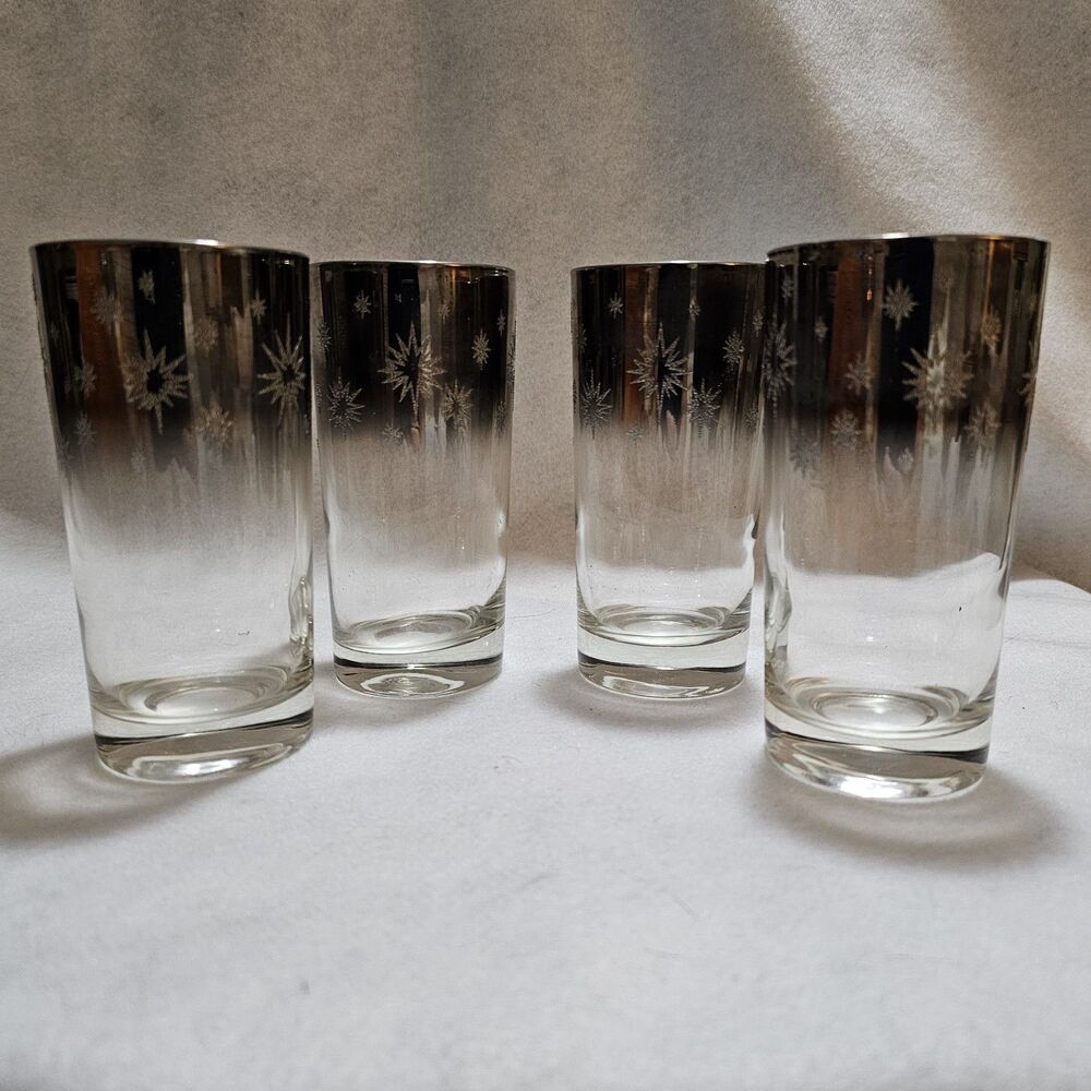 Vintage Kimiko Bar Set Silver Fade Highball Tumbler, Coasters & Caddy MCM